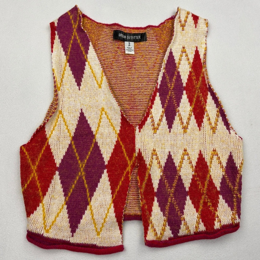 Urban Outfitters Womens Small Multicolor Asymmetric Argyle Cropped Sweater Vest